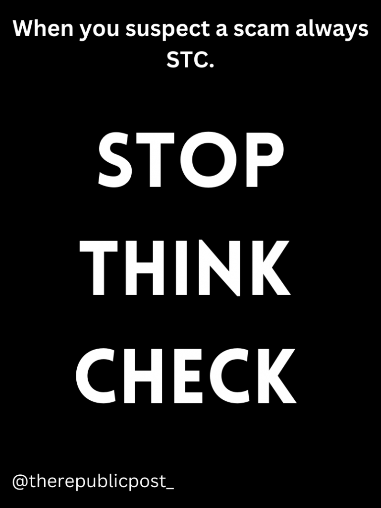 Image: Stop, Think and Check when you suspect a scam