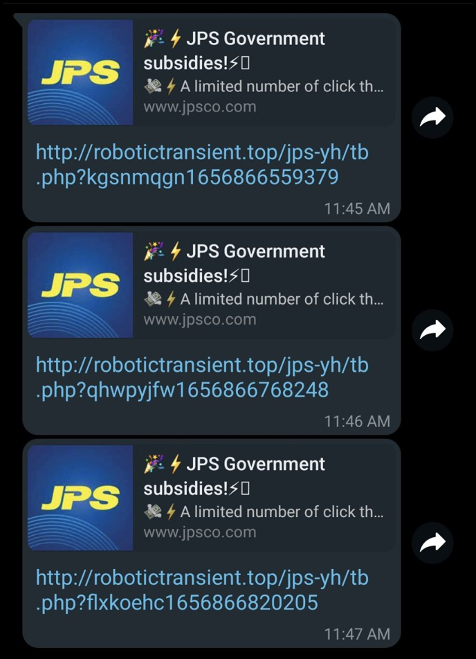 Image: JPS Subsidy scam being forwarded on WhatsApp in early-mid 2022