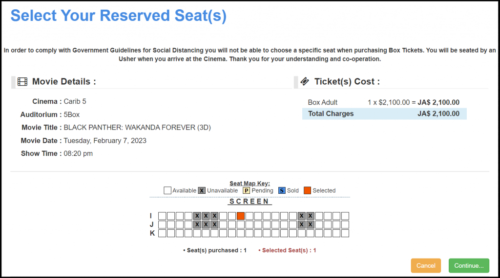 Box Seat Selection Screen