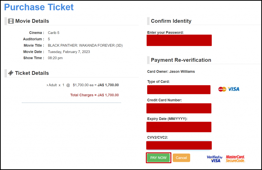 Purchase Ticket confirmation screen.