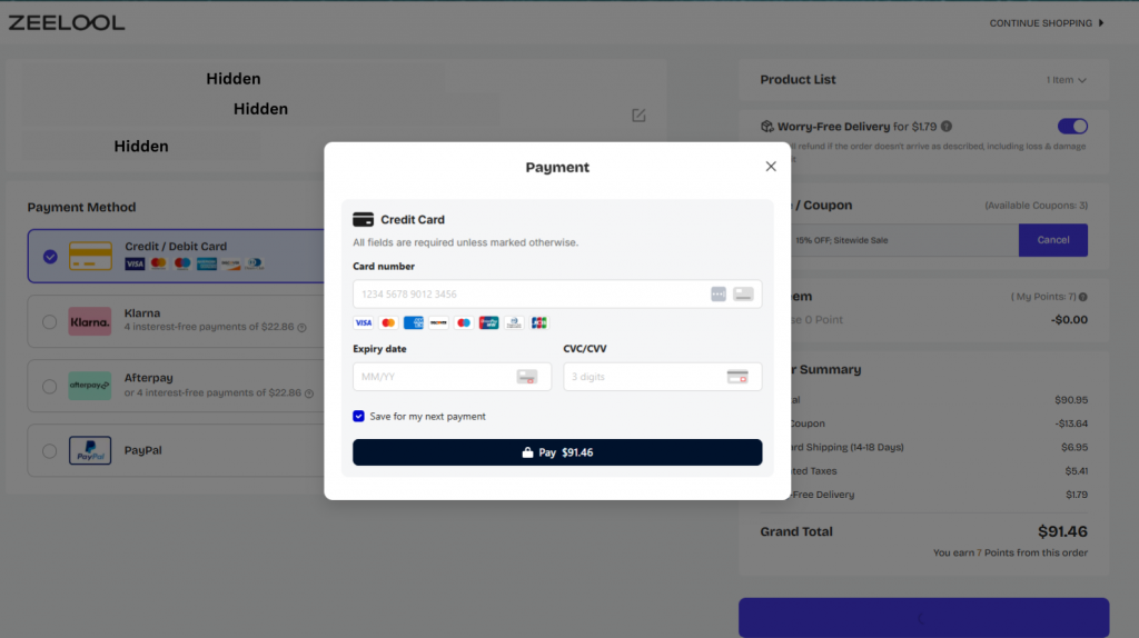 Zeelool Enter Card Details