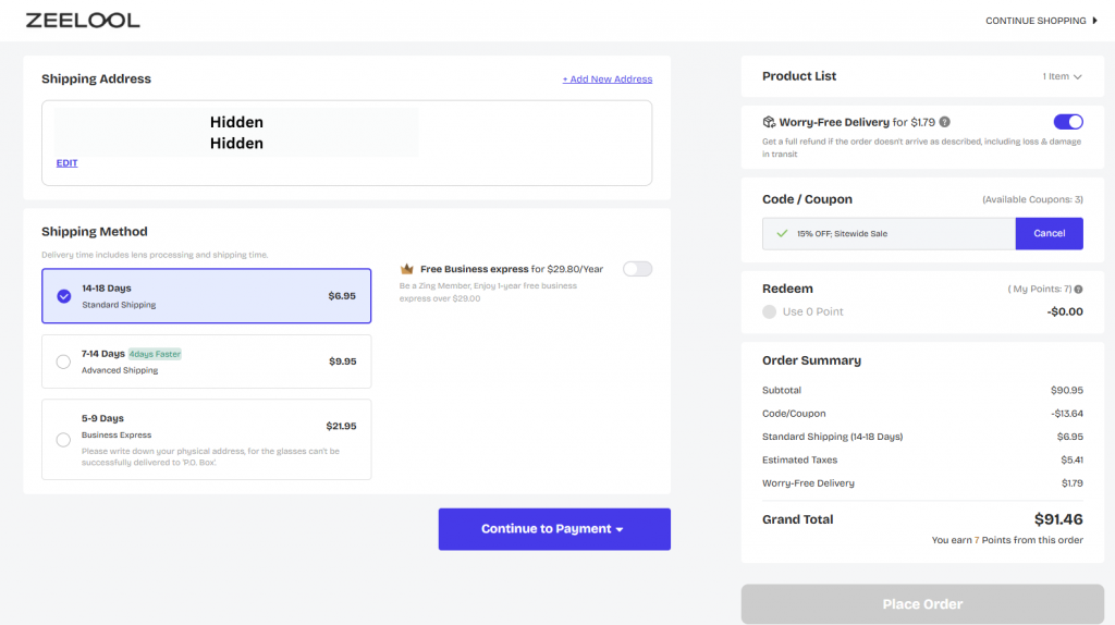 Zeelool Shipping Method Screen Hidden