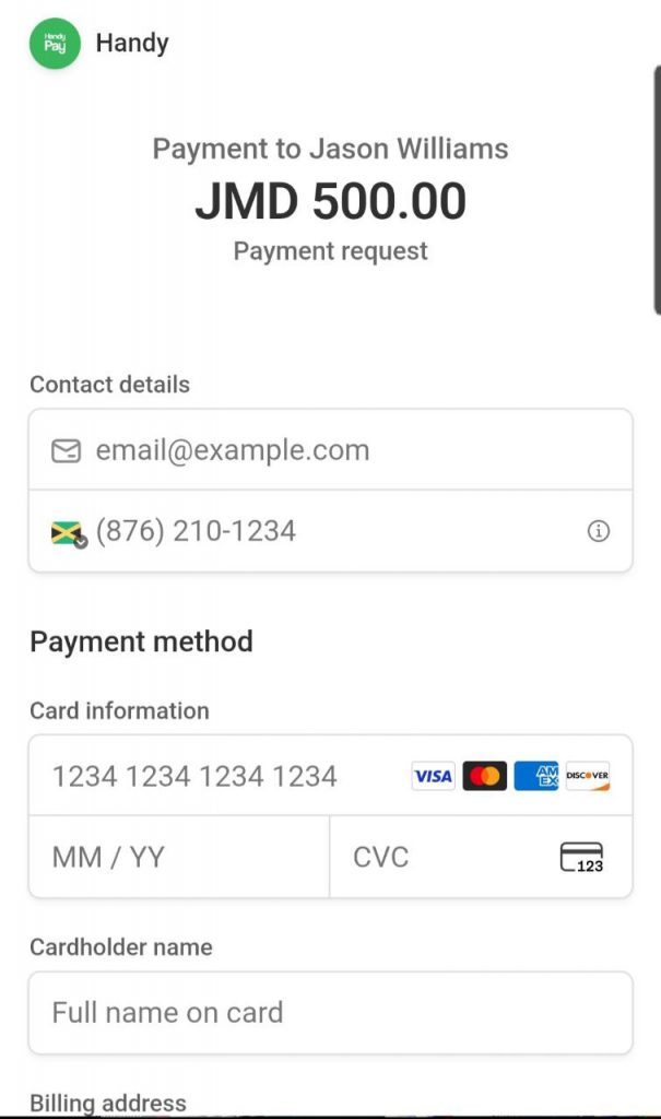 HandyPay Card Details Screen 1