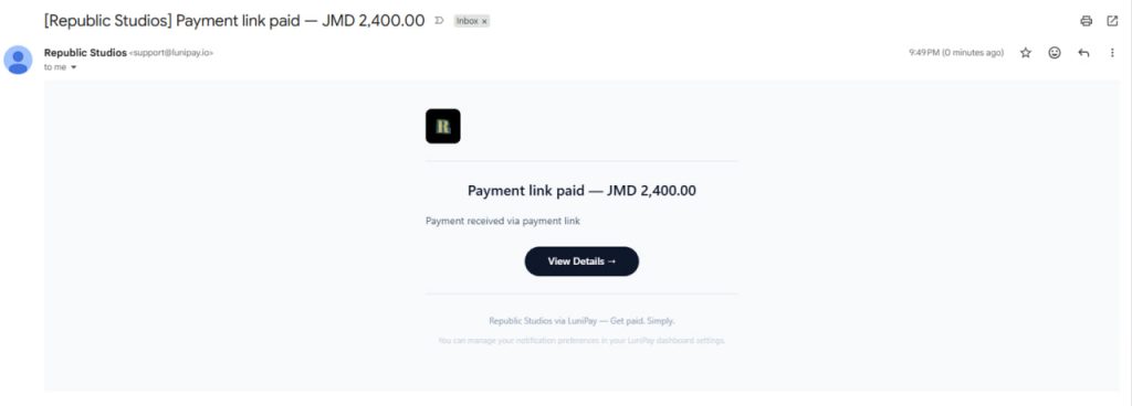 LuniPay payment received email